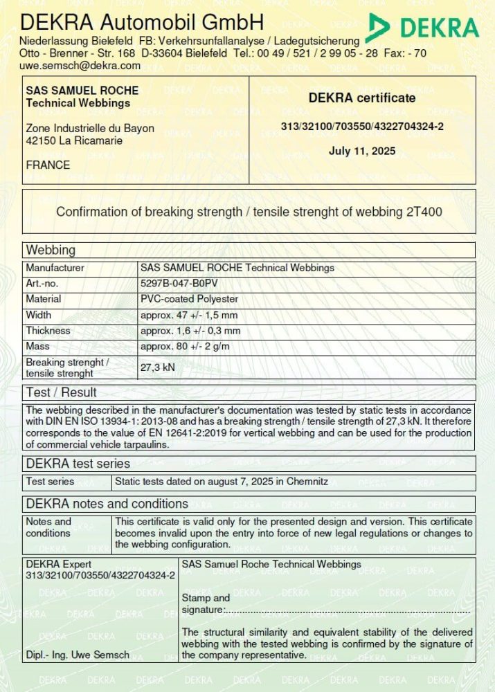 certificat dekra pvc 2t400